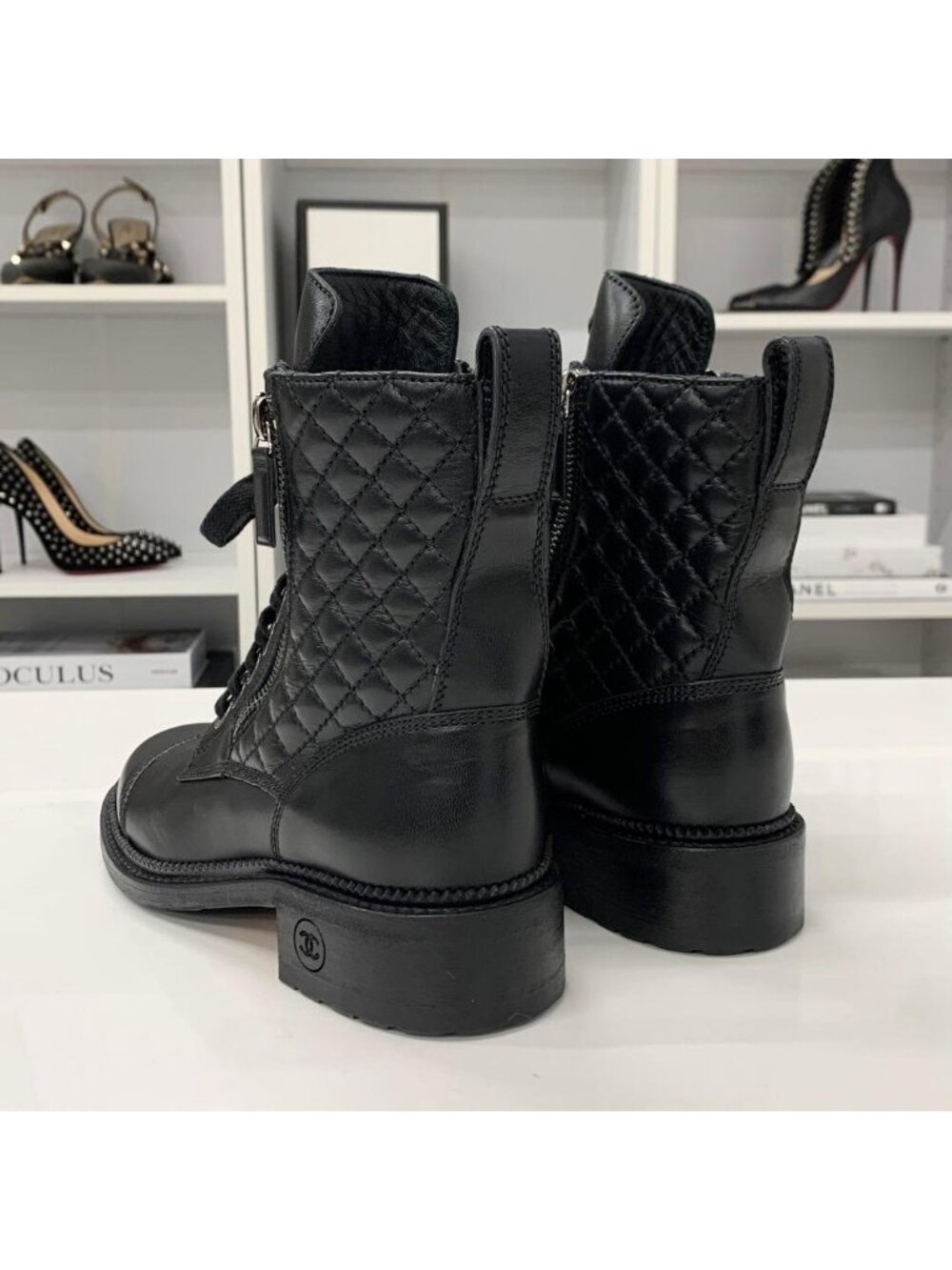 Chanel Quilted Coco Mark Leather Lace Up Short Boots - Picture 5 of 10